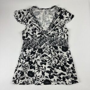 Merona Womens Blouse Black White Floral XL